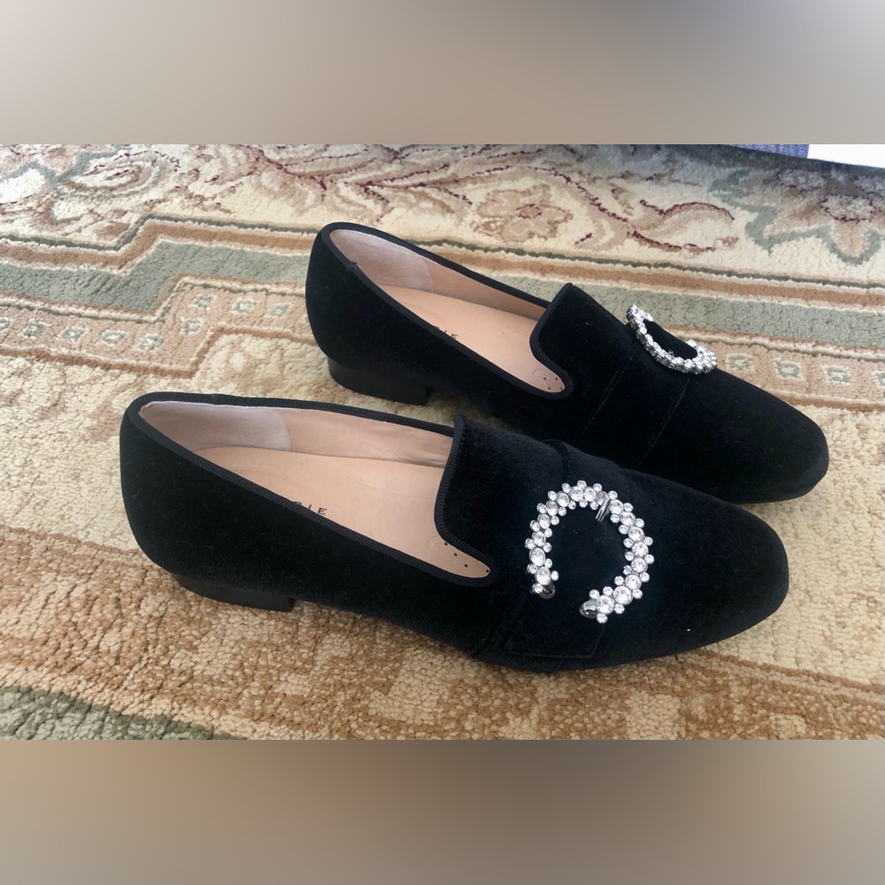Alex Marie Black Velvet Loafers with Crystal Horsebit Accent. Brand new